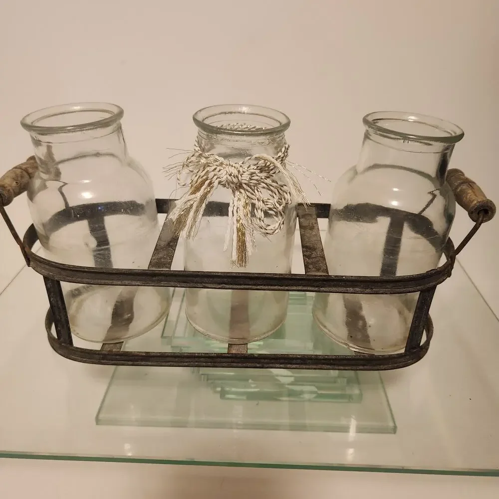 Cottage Farm House 3 milk Bottle with Metal Rack Organize Propagate